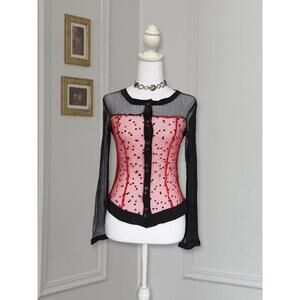 Y2K Euro Ladybug Red and Black Mesh Polkadot Button Up Top